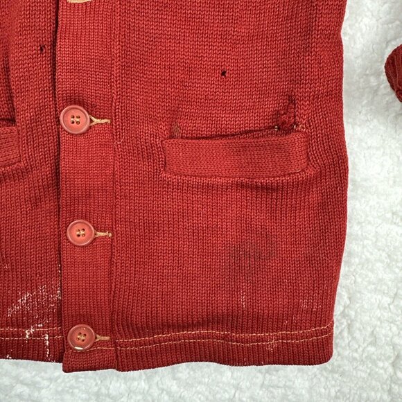 Vintage Wool Cardigan Sweater Distressed Brick Red Primitive 40s Varsity USA - Picture 10 of 16